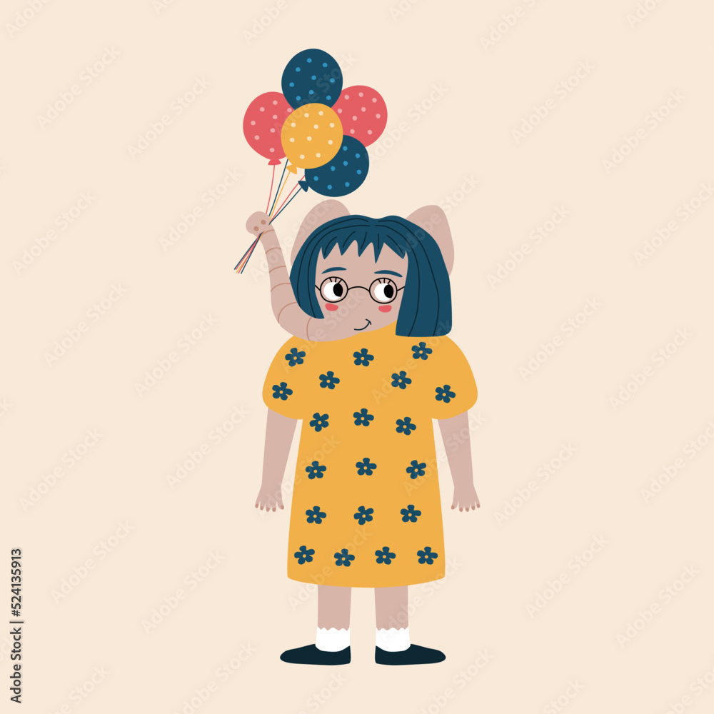 Cute elephant girl in yellow dress with colorful balloons hand drawn vector illustration. Funny isolated animal character in flat style for kids alphabet. The letter Cute elephant girl in yellow dress with colorful balloons hand drawn vector illustration. Funny isolated animal character in flat style for kids alphabet. The letter