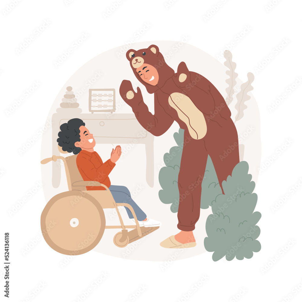 Performing for a child isolated cartoon vector illustration. Adult performing for a disabled child, developmental activities, play dressing up game, in-home special childcare vector cartoon.