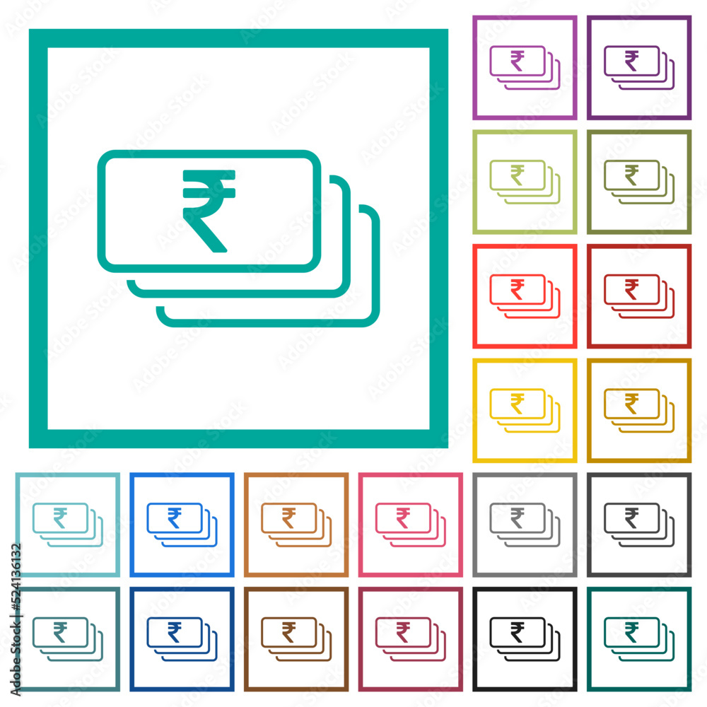 Indian Rupee banknotes outline flat color icons with quadrant frames