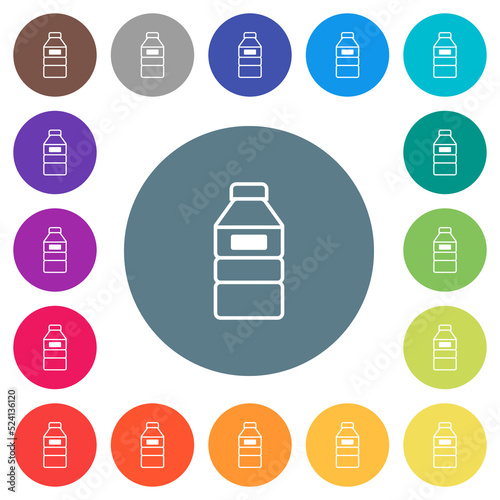 Water bottle with label flat white icons on round color backgrounds