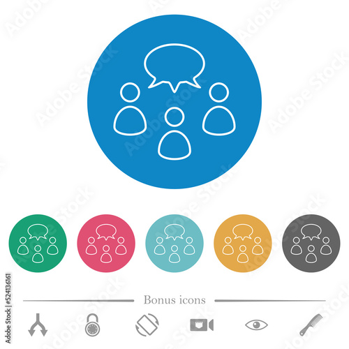 Three talking persons with oval bubble outline flat round icons
