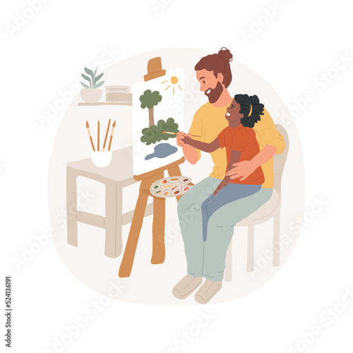 Drawing together isolated cartoon vector illustration. Woman teach disabled kid painting, in-home caregiver drawing with a child with special needs, sit at the table together vector cartoon.
