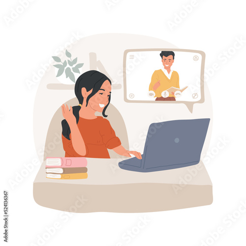Online peer tutoring isolated cartoon vector illustration. Student having video conference, online peer tutoring service, virtual classroom, share study material, low cost tutor vector cartoon.