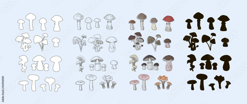Set of boletuses, oyster mushrooms, mushrooms, mushrooms, boletuses, chanterelles, honeydew agaricus, drawn in a single line, black silhouette, outline and doodle style. Vector