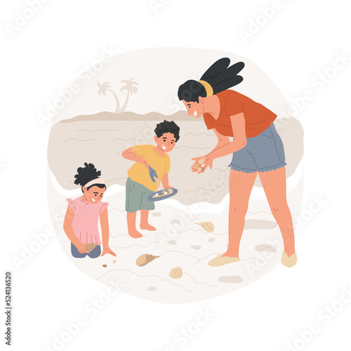 Beach treasure hunt isolated cartoon vector illustration. Beach scavenger hunt, kids and parents collecting shells and rocks, family on holiday, children seaside activity vector cartoon.