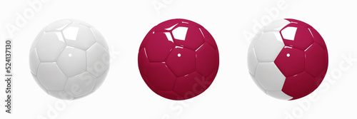 Set of Soccer ball. Football balls glossy figurines realistic 3d design style. White  Maroon and styled after the flag of Qatar. Mockup of sports elements isolated on white. 3d vector