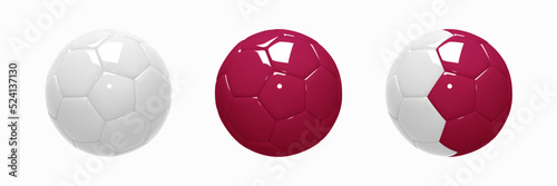 Set of Soccer ball. Football balls glossy figurines realistic 3d design style. White, Maroon and styled after the flag of Qatar. Mockup of sports elements isolated on white. 3d vector
