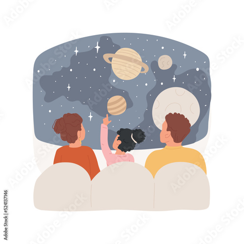 Planetarium isolated cartoon vector illustration. Family planetarium excursion, kids and parents watching a space movie on the dome ceiling, observatory visit, observe the sky vector cartoon.