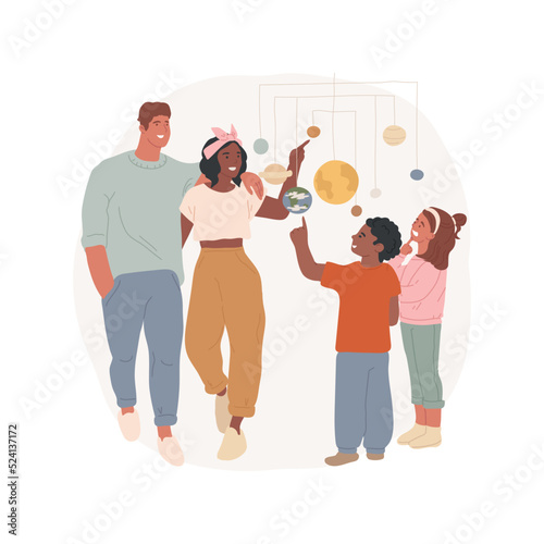 Solar system model isolated cartoon vector illustration. Kids and parents observe solar system model hanging on the ceiling, family visit planetarium, space museum, education vector cartoon.