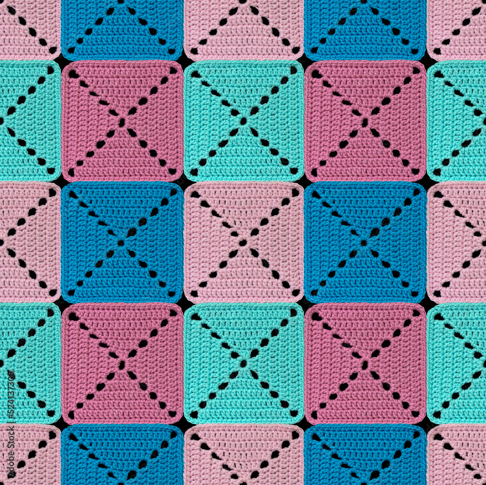 Seamless texture of knitted plaid in patchwork style. The geometric elements are crocheted from multi-colored acrylic yarn. Pastel colors.