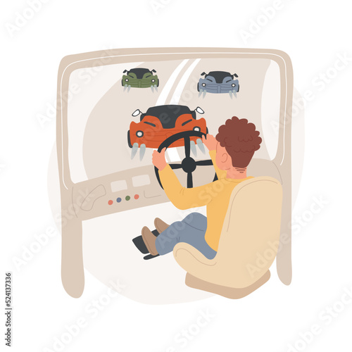 Racing games isolated cartoon vector illustration. Arcades club for children, boy sitting in a chair with a steering wheel, family leisure time, car race on a screen, video game vector cartoon.