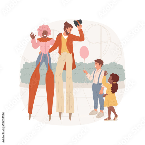 Stilt walkers performance isolated cartoon vector illustration. Stilt walker parade, family at amusement park, colorful costumes, children show, amused kids watch performance vector cartoon.
