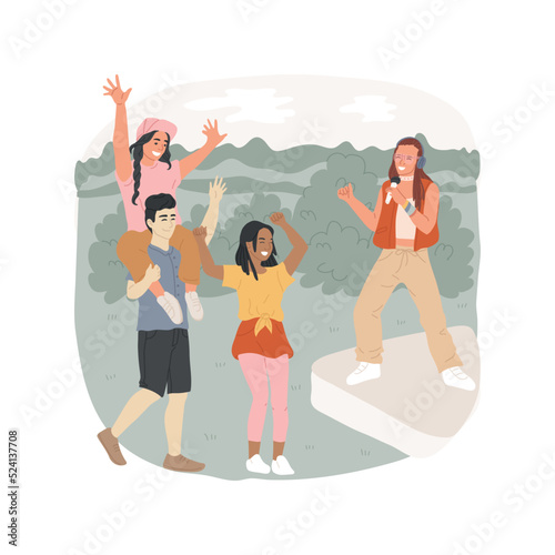 Music festival isolated cartoon vector illustration. Group of diverse friends hanging outdoor leisure time, teenager dancing, watching live performance, summer music festival vector cartoon.