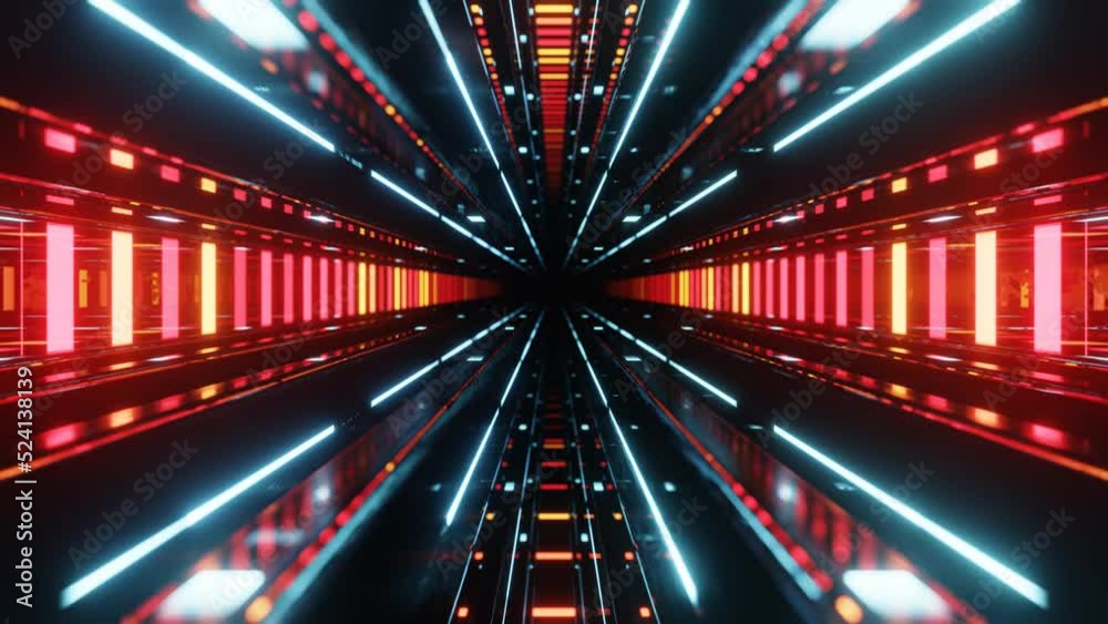 Fly through mirror designs form tunnel technology cyberspace with neon glow. Sci-fi flight through design complexity. Neon light. 3d looped seamless 4k bright background.