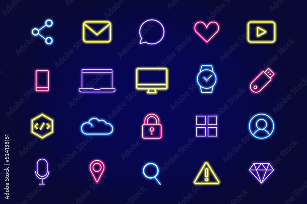 Collection of neon icons on the theme of IT- sphere. Technology and technology. Vector illustration Collection of neon icons on the theme of IT- sphere. Technology and technology. Vector illustration
