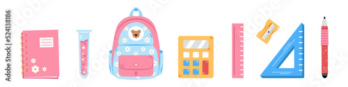 Vector back to school set. Cute pink collection of school supplies for children. Colorful flat design. Backpack, calculator, pen, ruler, sharpener, notebook and test tub.