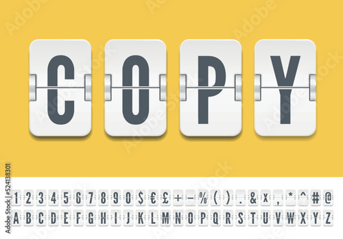 White airport terminal mechanical scoreboard font with numbers for flight destination info declaration. Retro vector flip board alphabet to display advertising information on bright background.