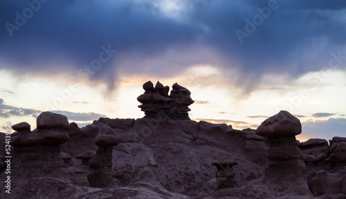 Red Rock Formations in Desert at Sunset. Spring Season. Goblin Valley State Park. Utah, United States. Nature Background.