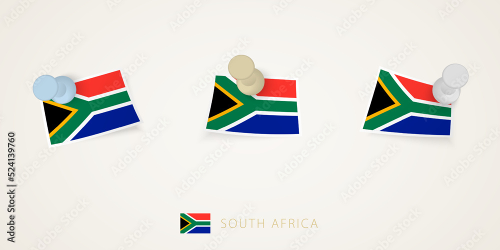 Pinned flag of South Africa in different shapes with twisted corners. Vector pushpins top view.