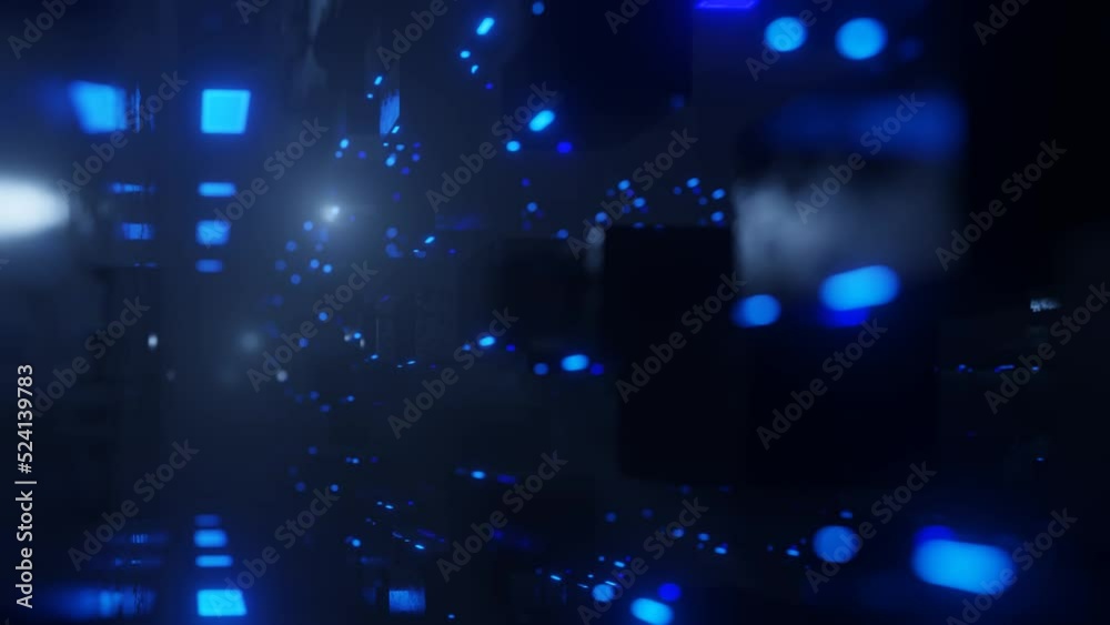 Fly through technology cyberspace with neon glow. Sci-fi flight through hi-tech technology tunnel. Glow blue line form pattern like sci-fi hologram. 3d looped seamless 4k bright background. Data flow