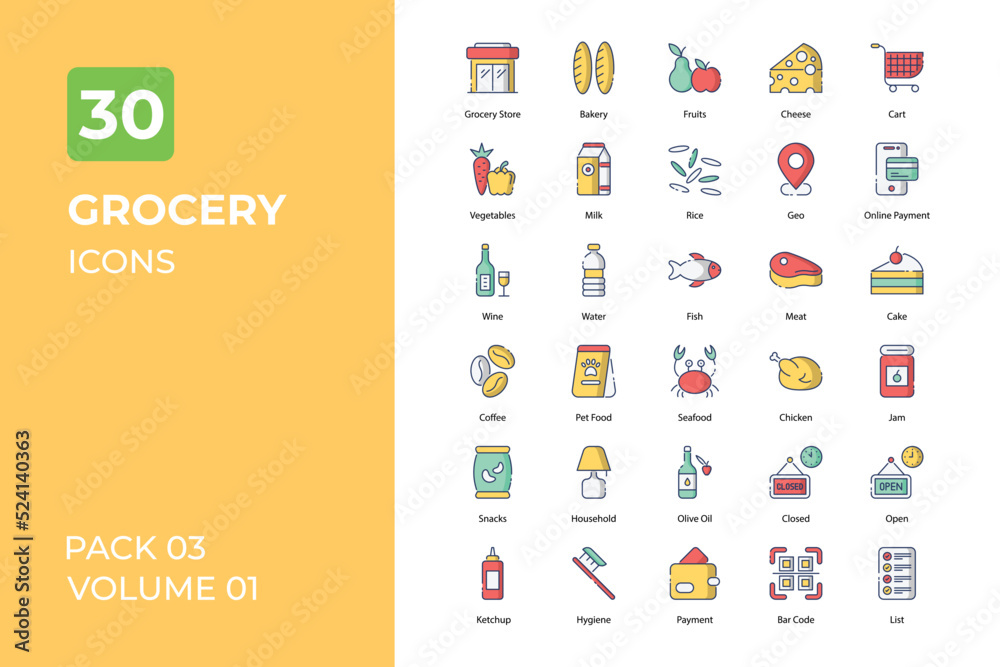 Fototapeta Grocery icons collection. Set contains such Icons as bag, bakery, bread, and more