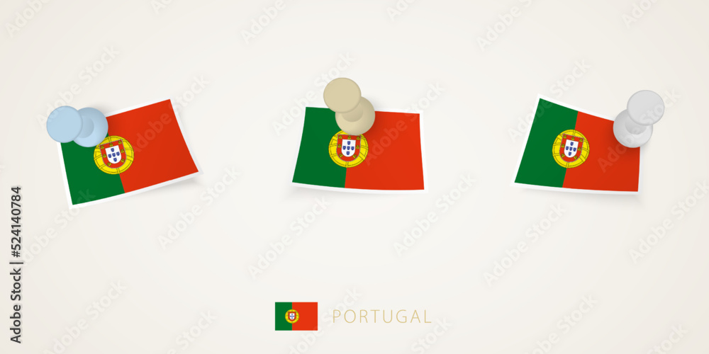 Pinned flag of Portugal in different shapes with twisted corners. Vector pushpins top view. Pinned flag of Portugal in different shapes with twisted corners. Vector pushpins top view.