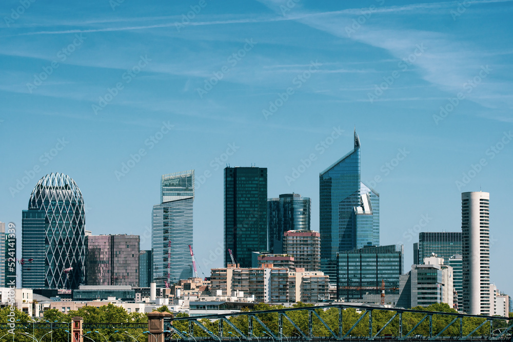 Obraz premium View of the Frankfurt skyscrapers. Frankfurt City Downtown. View on the financial district Frankfurt city, Germany. Skyline cityscape of Frankfurt, Germany during sunny day. 