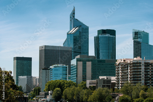 View of the Frankfurt skyscrapers. Frankfurt City Downtown. View on the financial district Frankfurt city, Germany. Skyline cityscape of Frankfurt, Germany during sunny day. 
