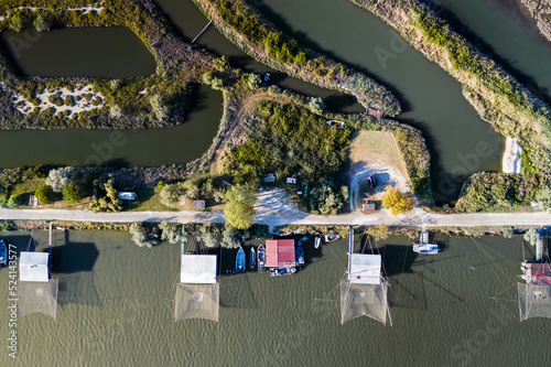 Aerial view of fishing lodges, Comacchio lagoon on sunset, Northern Italy