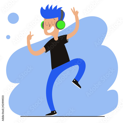 cartoon teen dancing and listening to music with green earphones and cool hair do