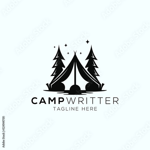 Camping and writer logo design template with negative space style