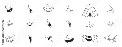 Vintage mouth mascot set vector in retro 30s cartoon style. Cute, funny smiles, as examples of 50s, 60s old animation style. Crazy mems of mouths.