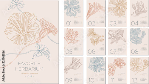 2023 calendar layout on a botanical theme. Calendar design concept with flowers in vintage style. Set of 12 months 2023 pages. Vector illustration
