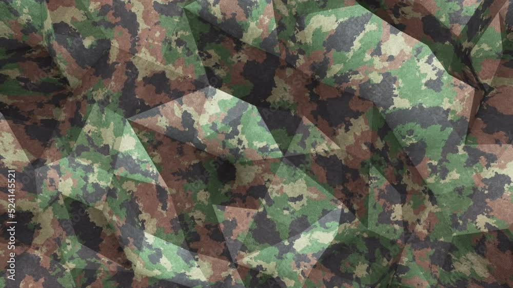 Realistic looping 3D animation of the khaki camouflage fabric pattern moving polygonal surface rendered in UHD as motion background 