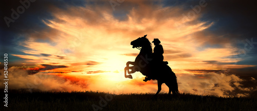 Fotografering Silhouette of cowboy rearing his horse at sunset
