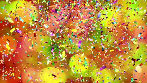 Beautiful looping 3D animation of the fast moving and blinking shining green, red and yellow light particles bokeh with colorful metallic confetti falling from the top rendered in UHD