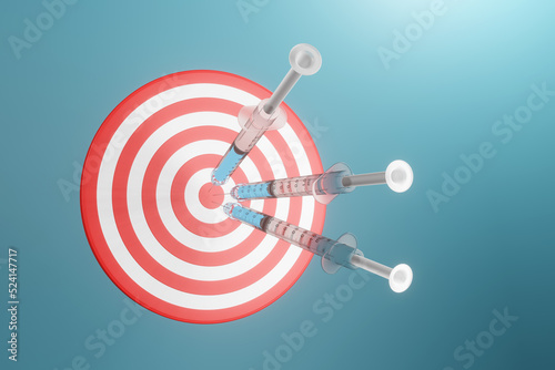 3 syringes hit the centre (bullseye) of the dart board. 3D illustration of the importance and effectiveness of 3 doses of Covid-19 vaccination photo