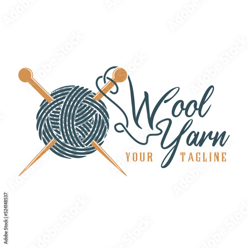 Knitting yarn logo. Ball of yarn and knitting tools elements, for sewing and knitting, fashion, clothing stores, and garment companies