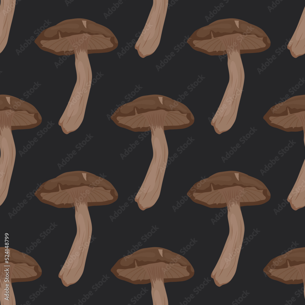 Vector Seamless Pattern with Shiitake Mushroom on Black Background. Seamless Texture, Hand Drawn Cartoon Shiitake Mushrooms. Design Template for Textile, Wallpaper, Print
