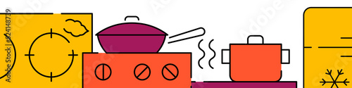 Kitchen. Food, cooking related horizontal banner or bottom border template background. Flat filled line vector illustration isolated on white.