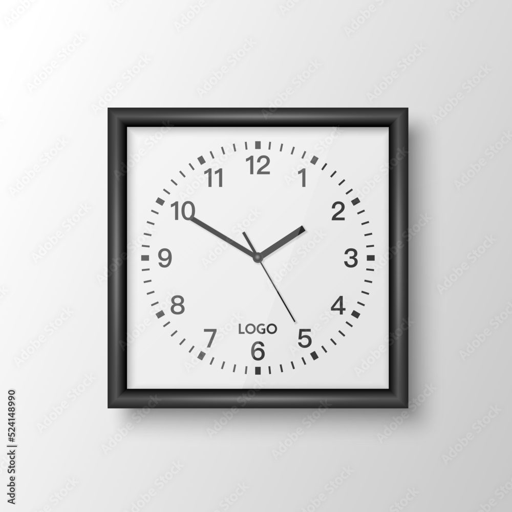 Vector 3d Realistic Square Wall Office Clock with Black Frame, Design Template Isolated on White. Dial with Roman Numerals. Mock-up of Wall Clock for Branding and Advertise Isolated. Clock Face Design Vector 3d Realistic Square Wall Office Clock with Black Frame, Design Template Isolated on White. Dial with Roman Numerals. Mock-up of Wall Clock for Branding and Advertise Isolated. Clock Face Design