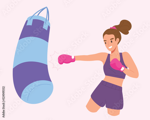 Young healthy woman punching at  boxing bag. Concept of boxing training, exercising, working out at fitness, sport. Flat vector illustration  cartoon character.