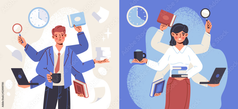 Multitasking and time management concept. Busy man and woman with several hands holding business documents, laptop and folders. Overloaded tired employees do paperwork. Cartoon flat vector collection