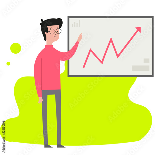 cartoon guy analysing a chart going up presenting his work