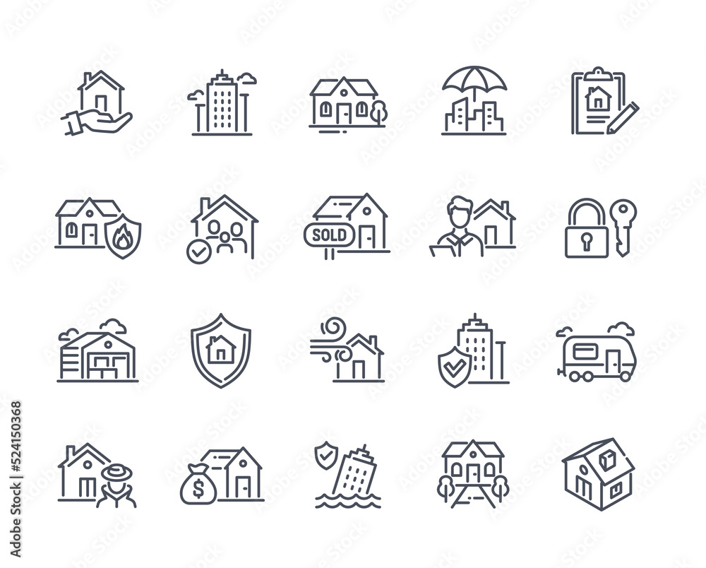 Property set of simple line icons. Badges with apartments, skyscrapers and real estate. Buying or renting house. Design elements for apps. Cartoon flat vector collection isolated on white background Property set of simple line icons. Badges with apartments, skyscrapers and real estate. Buying or renting house. Design elements for apps. Cartoon flat vector collection isolated on white background
