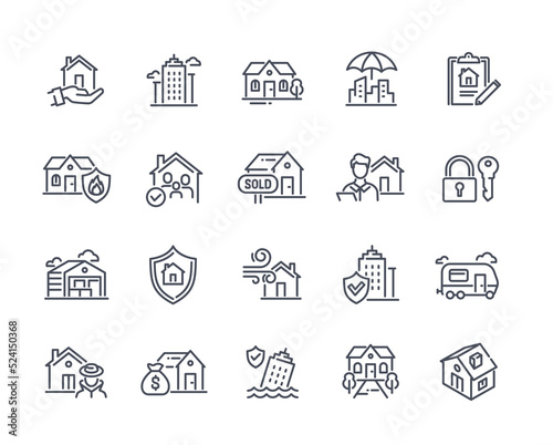 Property set of simple line icons. Badges with apartments, skyscrapers and real estate. Buying or renting house. Design elements for apps. Cartoon flat vector collection isolated on white background
