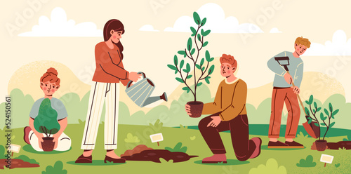 World Environment Day concept. Young men and women plant trees in soil, grow plants and engage in reforestation. Gardening and caring for nature and ecology. Cartoon flat vector illustration