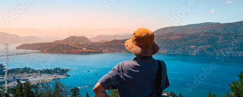 Sunrise landscape of Okanagan lake and the cityscape of Kelowna in British Columbia, Canada photo