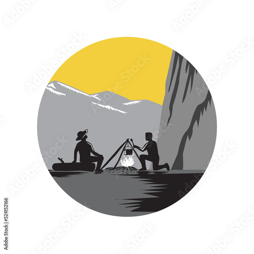 Campers Sitting Cooking Campfire Circle Woodcut © patrimonio designs