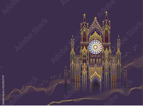 Fantasy drawing of Gothic castle with stained glass windows. Medieval kingdom. Middle ages in Europe. Illustration for kids fairy tale book. Background for poster, wallpaper, banner, travel company.